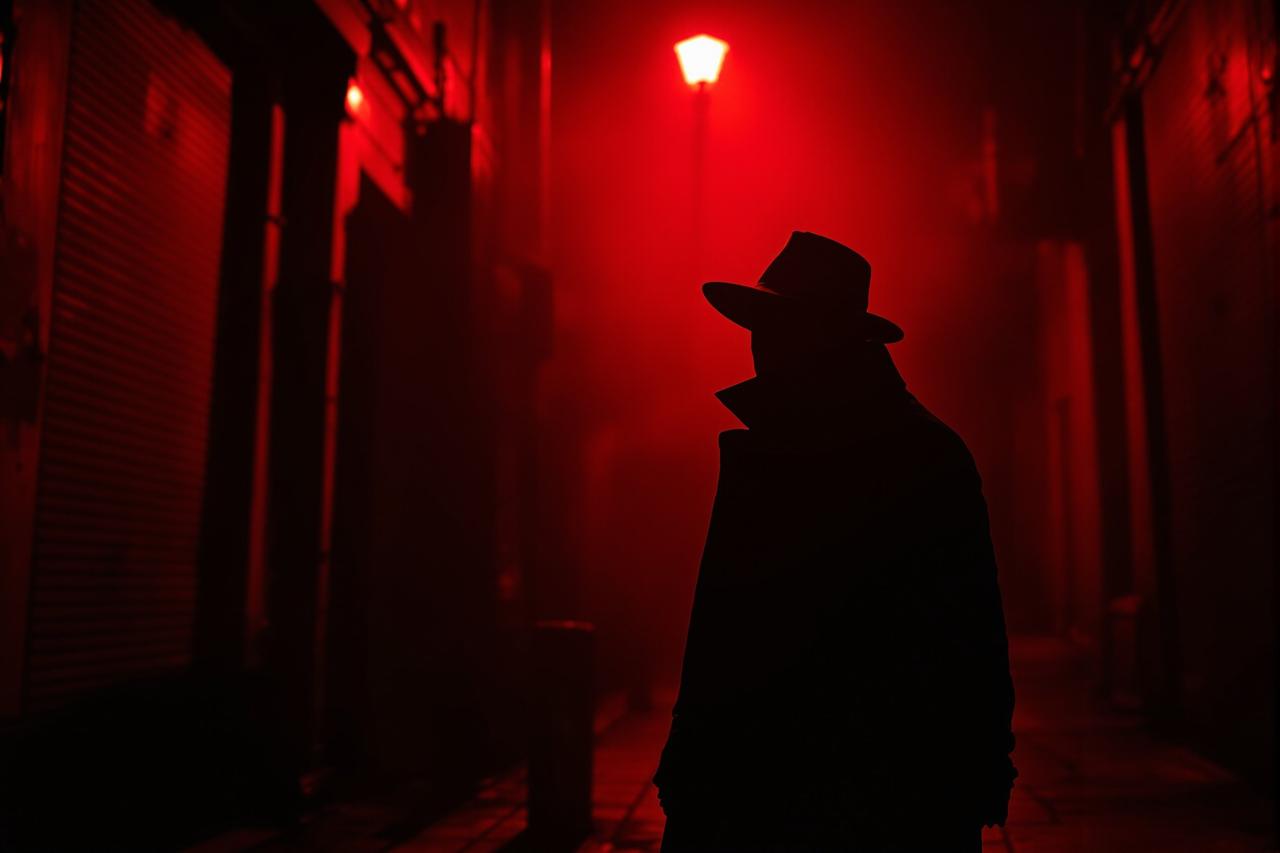 深夜街头狗仔偷拍场景,神秘氛围浓厚